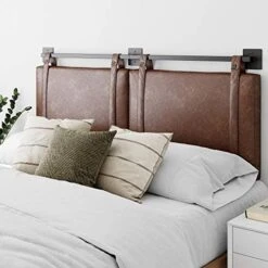 Harlow Modern Wall Mount Hanging Upholstered Headboard, Queen, Gray With Brown Faux Leather Straps -Best Furniture Store 5131XZIqJ4L. AC