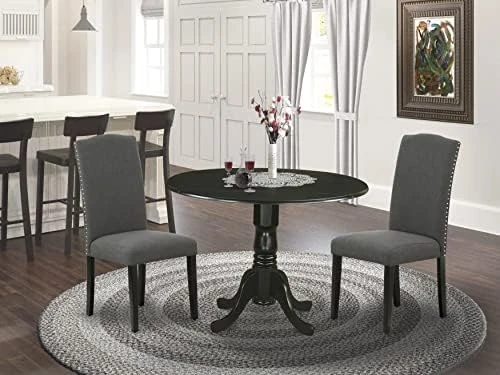 East West Furniture DLEN5-BLK-20 5Pc Round 42" Kitchen Table With Two 9-Inch Drop Leaves And Four Parson Chair With Black Leg And Linen Fabric Dark Gotham Grey, 5 5 East West Furniture DLEN5-BLK-20 5Pc Round 42" Kitchen Table With Two 9-Inch Drop Leaves And Four Parson Chair With Black Leg And Linen Fabric Dark Gotham Grey, 5 - Image 5