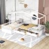 House Bed Double Twin Beds, Wood L-Shaped 2 Twin Platform Beds With Storage Drawers,Montessori Bed With Roof ,Fence And Slatted Design, Corner Playhouse Bed Frame For Kids Girls Boys ,White