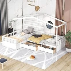 House Bed Double Twin Beds, Wood L-Shaped 2 Twin Platform Beds With Storage Drawers,Montessori Bed With Roof ,Fence And Slatted Design, Corner Playhouse Bed Frame For Kids Girls Boys ,White -Best Furniture Store 513L64qVxdL. AC