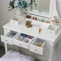 Anity Set With Mirror & Cushioned Stool Dressing Table Vanity Makeup Table 5 Drawers 2 Dividers Movable Organizers White FST01W -Best Furniture Store 513N8Md2OGL