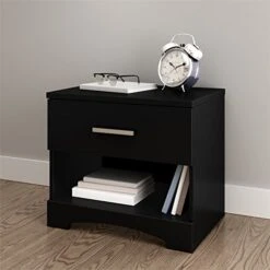 Pemberly Row Small Nightstand Table With Drawer For Bedroom, Wood Bed Side Table With Open Storage Space, Black