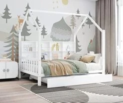 DEINPPA Twin Size House Bed With Bookcase Headboard, Wooden House Bed Frame With Fence Guardrails And Drawers, No Box Spring Needed, For Kids Toddler-Grey 27 DEINPPA Twin Size House Bed With Bookcase Headboard, Wooden House Bed Frame With Fence Guardrails And Drawers, No Box Spring Needed, For Kids Toddler-Grey -Best Furniture Store 513nYEwYxEL. AC