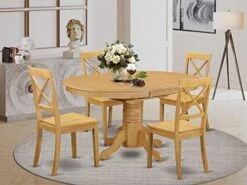 East West Furniture AVBO7-OAK-W Kitchen Set 6 Amazing Room Chairs-A Stunning Round Color Wooden Seat Oak Butterfly Leaf Modern Dining Table -Best Furniture Store 513s7Js5dKL. AC