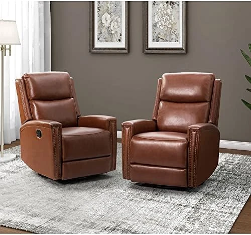 HULALA HOME Genuine Leather Swivel Rocker Recliners Set Of 2, Manual Glider Recliner Chairs With Adjustable Backrest & Footrest, Modern Home Theater Sofa Armchairs For Living Room Bedroom, Brown 8 HULALA HOME Genuine Leather Swivel Rocker Recliners Set Of 2, Manual Glider Recliner Chairs With Adjustable Backrest & Footrest, Modern Home Theater Sofa Armchairs For Living Room Bedroom, Brown - Image 8