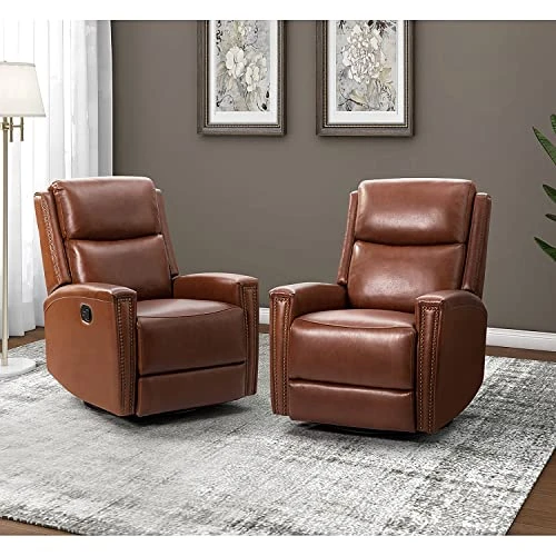 HULALA HOME Genuine Leather Swivel Rocker Recliners Set Of 2, Manual Glider Recliner Chairs With Adjustable Backrest & Footrest, Modern Home Theater Sofa Armchairs For Living Room Bedroom, Brown 1 HULALA HOME Genuine Leather Swivel Rocker Recliners Set Of 2, Manual Glider Recliner Chairs With Adjustable Backrest & Footrest, Modern Home Theater Sofa Armchairs For Living Room Bedroom, Brown