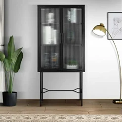 NANBERONE Pantry Cabenit, Display Cabinet Sideboard Bookcase With 2 Tampered Glass Doors & Adjustable Shelves, Storage Cabinet For Entryway Kitchen Living Room Dining Room Bathroom Office Black -Best Furniture Store 5143Ji6eQQL