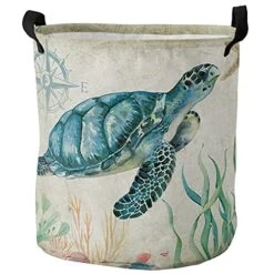 Marine Animals Freestanding Laundry Basket With Handles, Collapsible Waterproof Large Laundry Hamper For Baby Nursery Kids Room Dorm Storage, Ocean Theme Sea Turtle Starfish