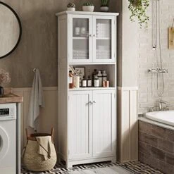 Tiptiper Bathroom Cabinet, Tall Bathroom Storage Cabinet With With Glass Doors & Adjustable Shelves, Large Linen Cabinet Closet For Bathroom, Kitchen, 11.8" D X 23.6" W X 64" H, White -Best Furniture Store 514OStdj7dL. AC