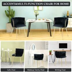 NIOIIKIT Modern Velvet Dining Chairs Set Of 2 Hand Weaving Accent Chairs Living Room Chairs Upholstered Side Chair With Golden Metal Legs For Dining Room Kitchen Vanity Living Room(Black) -Best Furniture Store 514X66QeppL