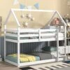 Harper & Bright Designs Low Bunk Bed Twin Over Twin House Bunk Bed Frame For Kids Girls Boys (Twin Size, White)