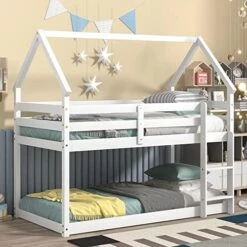 Harper & Bright Designs Low Bunk Bed Twin Over Twin House Bunk Bed Frame For Kids Girls Boys (Twin Size, White) -Best Furniture Store 514wT9lwkeL. AC