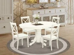 East West Furniture AVBO7-OAK-W Kitchen Set 6 Amazing Room Chairs-A Stunning Round Color Wooden Seat Oak Butterfly Leaf Modern Dining Table -Best Furniture Store 5151XA7C8WL. AC