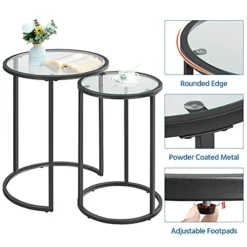 Yaheetech Round Nesting End Table Set Of 2,Stacking Side Tables,Coffee Tables Set W/Metal Frame & Glass Top & Protective Foot Pads For Small Space, Living Room, Office- Black -Best Furniture Store 515FtxdONYS