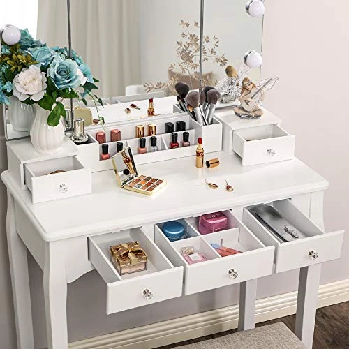 Anity Set With Lighted Mirror, Makeup Vanity With Tri-Folding Mirror 10 LED Bulbs, White Vanity Desk Vanity Table With 5 Drawers 2 DIY Dividers, Cushioned Stool, Movable Organizer FST09W 5 Anity Set With Lighted Mirror, Makeup Vanity With Tri-Folding Mirror 10 LED Bulbs, White Vanity Desk Vanity Table With 5 Drawers 2 DIY Dividers, Cushioned Stool, Movable Organizer FST09W - Image 5