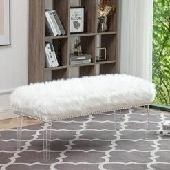 White Faux Fur Ottoman Bench Upholstered Bench For Bedroom/Living Room/Entryway Decorative Accent Bench With Wood Legs -Best Furniture Store 515QGylt5EL. AC