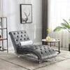 KINFFICT Velvet Chaise Lounge Chair With Toss Pillow, Modern Tufted Button Lounge Chair With Acrylic Legs, Upholstered Indoor Sleeper Chair For Living Room, Bedroom, Silver Grey