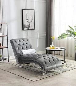 KINFFICT Velvet Chaise Lounge Chair With Toss Pillow, Modern Tufted Button Lounge Chair With Acrylic Legs, Upholstered Indoor Sleeper Chair For Living Room, Bedroom, Silver Grey -Best Furniture Store 515Ux0al19L. AC