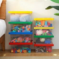LUCKY-GO Toy Storage Organizer Bins With Lid - Stackable Plastic Organizer Box Set Of 2, Kids Toy Chests With Compatible Building Baseplate And Lid, Storage Container For Building Bricks & Toys -Best Furniture Store 515d7onmttL