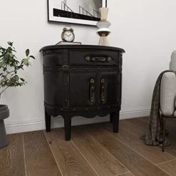 Deco 79 Wood Vintage Faux Leather Cabinet With Leather Buckle Straps And Stud Details, 32" X 17" X 31", Dark Brown -Best Furniture Store 515wdDAYqmL