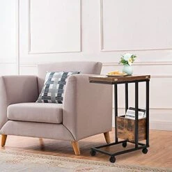 Hadulcet Sofa Side Table, Foldable End Table With Storage Basket, C Shaped Table With Wheels For Living Room Bedroom Small Spaces, Rustic Brown -Best Furniture Store 5162unKZCnL