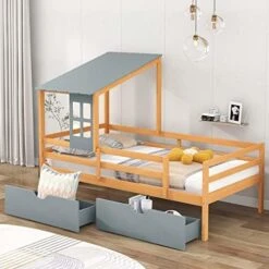 DUNTRKDU Twin Size House Low Loft Bed With 2 Storage Drawers, Roof & Window Design, Safety Full Length Guardrail For Teens/Girls/Boys (Grey) -Best Furniture Store 5168VVsPkVL. AC