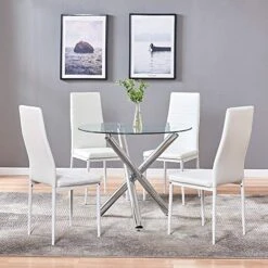 BELIFEGLORY Dining Table With Chairs, Glass Dining Kitchen Table Set Modern Tempered Glass Top Table And PU Leather Chairs With Chairs Dining Room Furniture (Round Table+White Chairs)