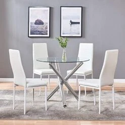 BELIFEGLORY Dining Table With Chairs, Glass Dining Kitchen Table Set Modern Tempered Glass Top Table And PU Leather Chairs With Chairs Dining Room Furniture (Round Table+White Chairs) -Best Furniture Store 516CGV8oMxL. AC