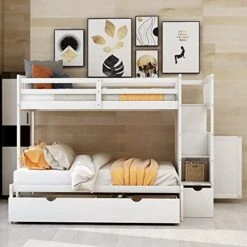GENERIC Twin Over Twin/Full Bunk Bed With Storage Shelves Drawers Bottom Convertible From To Full For Kids Teens White Modern Contemporary Unisex Nature Space Pine Includes Hardware -Best Furniture Store 516NgDCMHsL