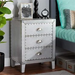 BOWERY HILL Contemporary Silver Metal 3-Drawer Nightstand