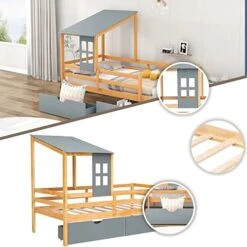 DUNTRKDU Twin Size House Low Loft Bed With 2 Storage Drawers, Roof & Window Design, Safety Full Length Guardrail For Teens/Girls/Boys (Grey) -Best Furniture Store 516U9SkmoVL