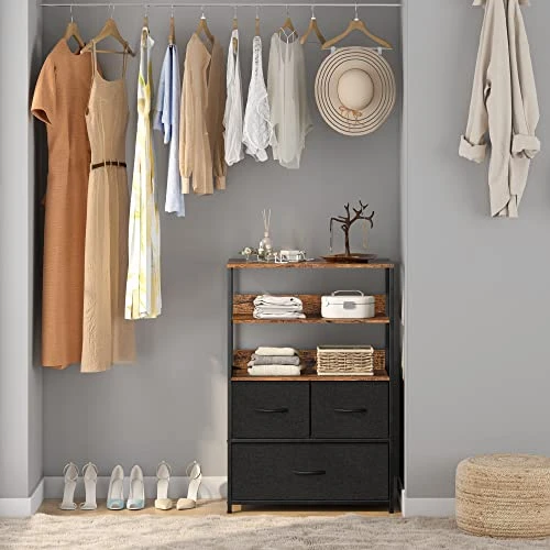 Dresser For Bedroom 3 Drawer Dresser With Shelves Black Dresser For Closet Fabric Chest Of Drawers Vertical Storage Tower For Bedroom, Living Room, Nursery, Entryway, Sturdy Metal Frame 2 Dresser For Bedroom 3 Drawer Dresser With Shelves Black Dresser For Closet Fabric Chest Of Drawers Vertical Storage Tower For Bedroom, Living Room, Nursery, Entryway, Sturdy Metal Frame - Image 2