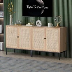 Yechen Set Of 2 Sideboard Storage Cabinet With Handmade Natural Rattan Doors, Accent Cabinet Rattan Cabinet Buffet Cabinet With Storage, For Living Room, Dining Room, Entryway, Kitchen, Nature 2