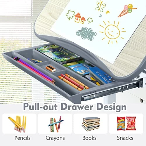 GLACER Height-Adjustable Kids Desk & Chair Set, Children Study Desk With 45-Degree Tilted Desktop, Anti-Pinch Plug, Hook, Pull-Out Storage Drawer, Suitable For 3-14 Years Old Kids (Gray) 5 GLACER Height-Adjustable Kids Desk & Chair Set, Children Study Desk With 45-Degree Tilted Desktop, Anti-Pinch Plug, Hook, Pull-Out Storage Drawer, Suitable For 3-14 Years Old Kids (Gray) - Image 5