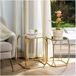 Glitzhome Set Of 2 Nesting Coffee Tables Decorative Accent Side End Tables Plant Stand Chair For Bedroom, Living Room, Home Office And Patio
