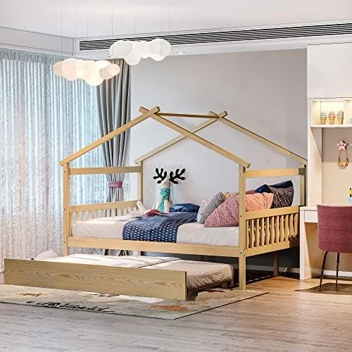 JIVOIT Twin Size House Platform Bed With Twin Size Trundle, Wooden House Bed Daybed With Roof Design And 2 Headboards, House-Shaped Canopy Bed For Kids Teens Boys Girls (Walnut-Twin-Trundle 011) 15 JIVOIT Twin Size House Platform Bed With Twin Size Trundle, Wooden House Bed Daybed With Roof Design And 2 Headboards, House-Shaped Canopy Bed For Kids Teens Boys Girls (Walnut-Twin-Trundle 011) - Image 15