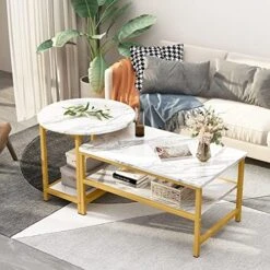 AWQM Nesting Coffee Table Set Of 2, Round End Table Modern Stacking Side Table With Faux Marble Top And Metal Frame For Living Room, Bedroom And Balcony, White -Best Furniture Store 5171vYTxrKL. AC