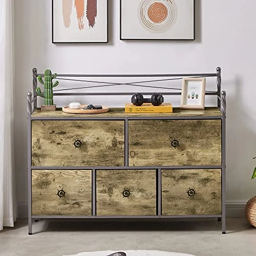 Dresser For Bedroom With 5 Drawers, Storage Organizer Unit Wide Chest For Closet, Clothes, Bedside, Living Room, Metal Frame & Wooden Top & Fabric, Grey 2 Dresser For Bedroom With 5 Drawers, Storage Organizer Unit Wide Chest For Closet, Clothes, Bedside, Living Room, Metal Frame & Wooden Top & Fabric, Grey - Image 2