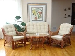 Malibu Lounge Set Of 4: 2 Natural Rattan Wicker Chairs, Loveseat With Cream Cushions And Coffee Table W/Glass Handmade, Colonial -Best Furniture Store 517CLy2MZrL