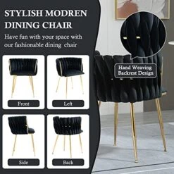 NIOIIKIT Modern Velvet Dining Chairs Set Of 2 Hand Weaving Accent Chairs Living Room Chairs Upholstered Side Chair With Golden Metal Legs For Dining Room Kitchen Vanity Living Room(Black) -Best Furniture Store 517JAbYlH1L