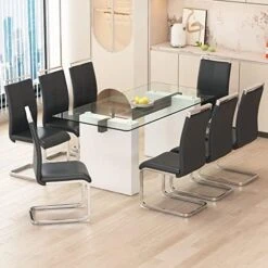 JUFU 71" Glass Dining Table Set For 6,Modern Rectangle Dinner Tempered Glass Table Top Of 0.39 Thick And Pu Leather Dining Chairs, Big Kitchen Room Table Set With Durable MDF Frame (White, Set Of 6) -Best Furniture Store 517JTEQ8KZL. AC