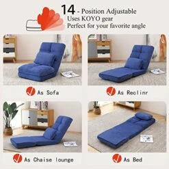 Urnodel Indoor Chaise Lounge Sofa, Floor Chair With Back Support For Adults, 14 Angle Adjustment Recliner Chair, Folding Floor Lounger With Pillow 8823(Blue) -Best Furniture Store 517JVhpNjqL