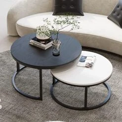WiberWi Round Coffee Table Nesting Tables Set Of 2, Large : Ø 34.0", Small : Ø 26.0", Modern Design Coffee Tables For Living Room, Gold Metal Frame Circle Cocktail Table, High Glossy Faux Black Marble -Best Furniture Store 517SMsq93AL. AC