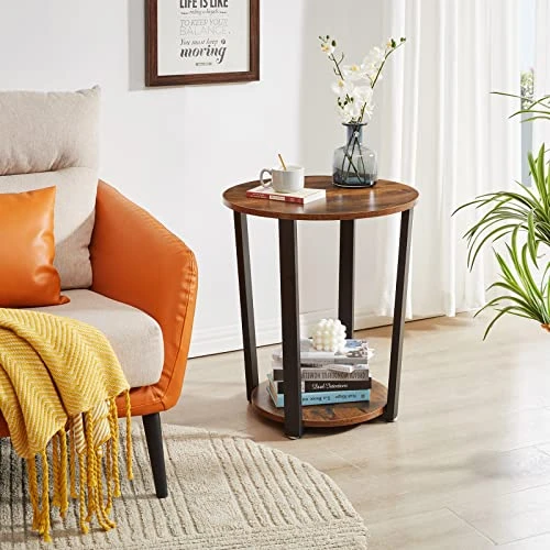 YMYNY Industrial End Table, 2 Tier Round Side Table With Sturdy Metal Frame, Vintage Nightstand For Living Room, Bedroom, Set Of 2, With Storage, Easy Assembly, Rustic Brown UHTMJ020H-2 3 YMYNY Industrial End Table, 2 Tier Round Side Table With Sturdy Metal Frame, Vintage Nightstand For Living Room, Bedroom, Set Of 2, With Storage, Easy Assembly, Rustic Brown UHTMJ020H-2 - Image 3