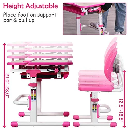 ARLIME Kids Desk And Chair Set, Height Adjustable Children Study Desk W/Tilt Desktop, Pull Out Storage Drawer & Metal Hook, Kids Study Desk And Chair Set For Boys & Girls (Pink) 4 ARLIME Kids Desk And Chair Set, Height Adjustable Children Study Desk W/Tilt Desktop, Pull Out Storage Drawer & Metal Hook, Kids Study Desk And Chair Set For Boys & Girls (Pink) - Image 4