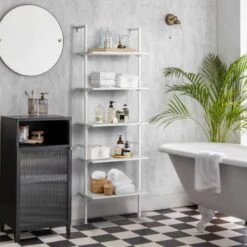 MELLCOM 5 Tier Industrial Ladder Shelf, Wood Modern Bookshelf With White Metal Frame, Wall-Mounted Plant Flower Storage Organizer For Living Room, Bathroom, Kitchen, Balcony -Best Furniture Store 517cSv6rp5L