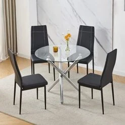 BELIFEGLORY Dining Table With Chairs Set, 5PCS Round Glass Table Set Modern Tempered Glass Top Table With 4 Velvet Chairs Dining Room Furniture -Best Furniture Store 517fZ1b3tLL. AC