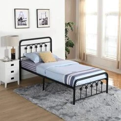Twin Size Bed Frame With Wooden Headboard And Footboard, Mattress Foundation/Platform With Strong Metal Slats And Anti-Slip Support, No Box Spring Needed/Noise Free, Metal Wood Head Board -Best Furniture Store 517gKZsfoaL. AC