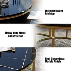 WiberWi Round Coffee Table Nesting Tables Set Of 2, Large : Ø 34.0", Small : Ø 26.0", Modern Design Coffee Tables For Living Room, Gold Metal Frame Circle Cocktail Table, High Glossy Faux Black Marble -Best Furniture Store 517gRLFif2L