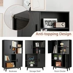 Giantex Storage Cabinet With Legs, Floor Cabinet With Doors, Shelves, Anti-Tipping Device, 4-Tier Bookshelf For Books & Photos, Tall Cupboard In Bedroom, Living Room, Kitchen Buffet Sideboard (Black) -Best Furniture Store 517mGJJs6BL